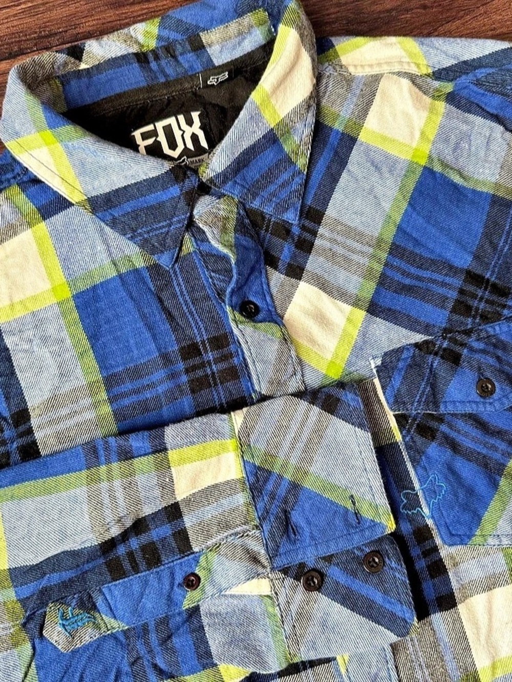 Fox Racing Shirt Plaid Flannel Mens 2XL Blue Yellow Cotton Button Up25